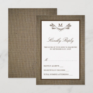 Country Rustic Monogram Branch & Burlap Wedding RSVP Card