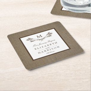 Country Rustic Monogram Branch & Burlap Wedding Square Paper Coaster