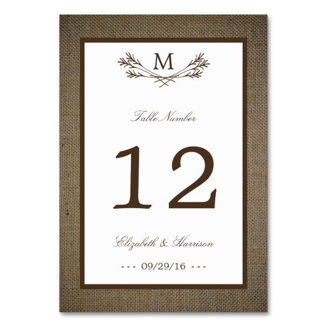 Country Rustic Monogram Branch & Burlap Wedding Table Number (Front)