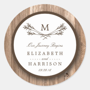 Country Rustic Monogram Branch & Wood Wedding Classic Round Sticker