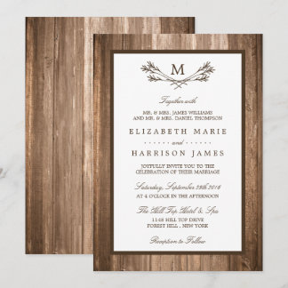 Country Rustic Monogram Branch & Wood Wedding Invitation