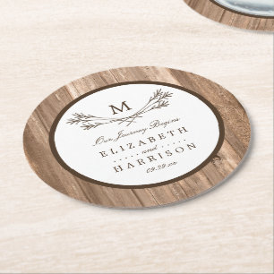 Country Rustic Monogram Branch & Wood Wedding Round Paper Coaster