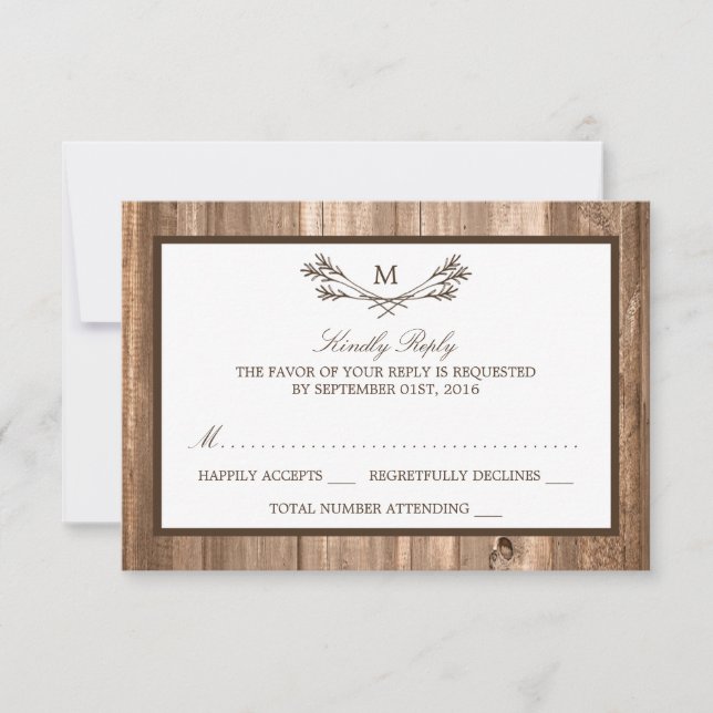 Country Rustic Monogram Branch & Wood Wedding RSVP (Front)