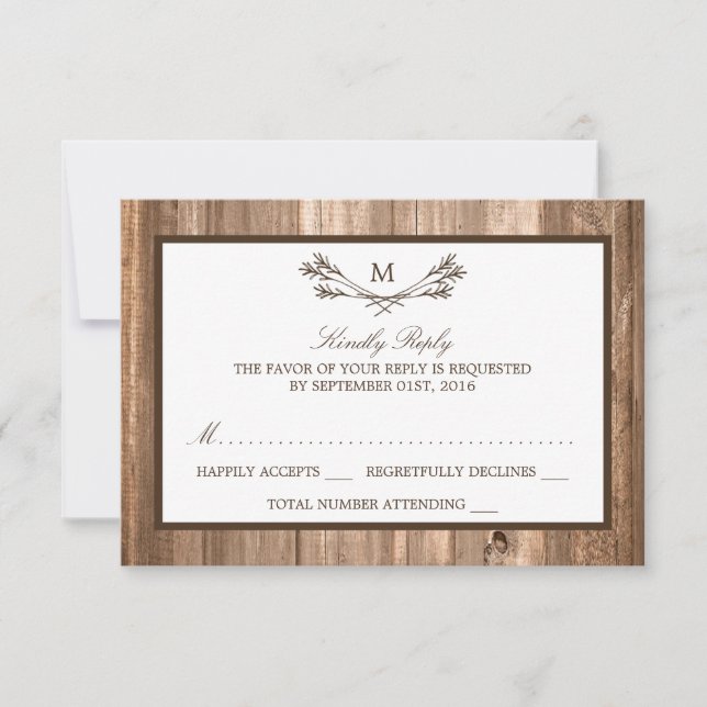 Country Rustic Monogram Branch & Wood Wedding RSVP Card (Front)