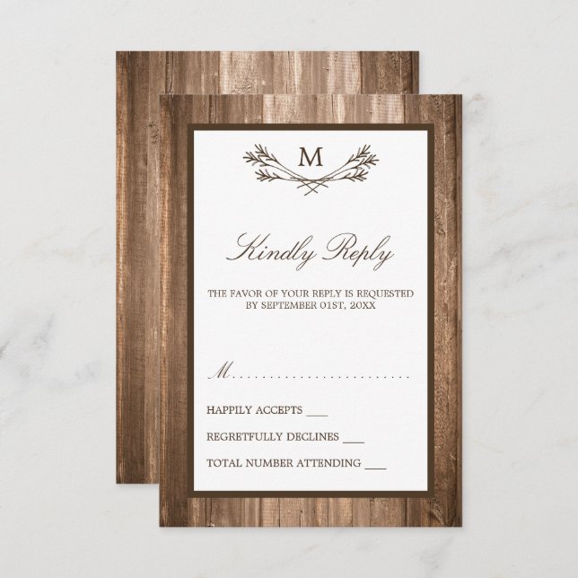 Country Rustic Monogram Branch & Wood Wedding RSVP Card (Front/Back)