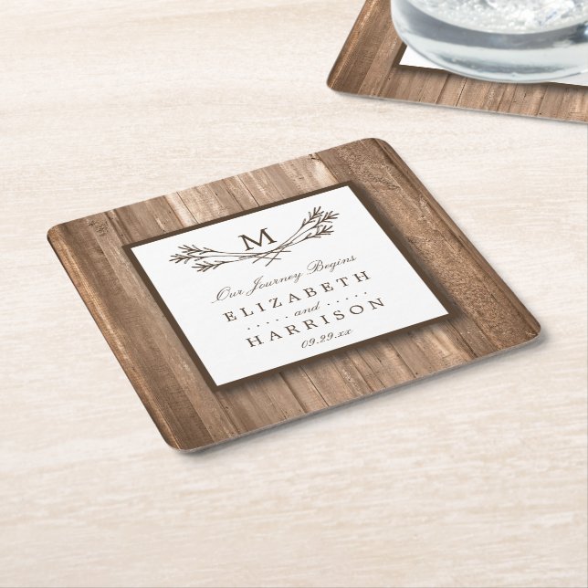 Country Rustic Monogram Branch & Wood Wedding Square Paper Coaster (Angled)