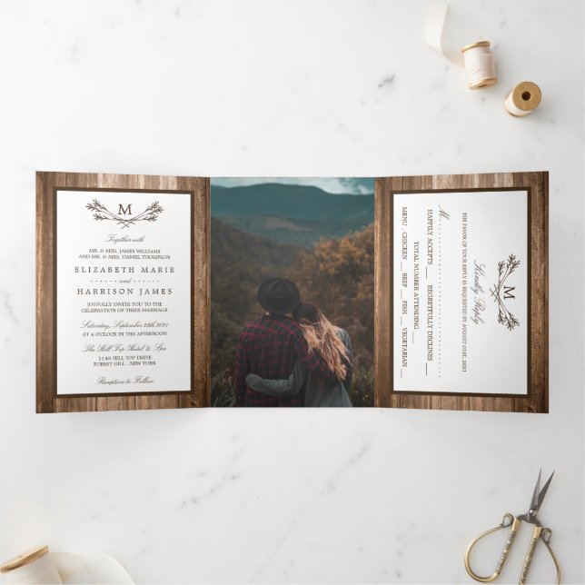 Country Rustic Monogram Branch & Wood Wedding Tri-Fold Invitation (Inside)
