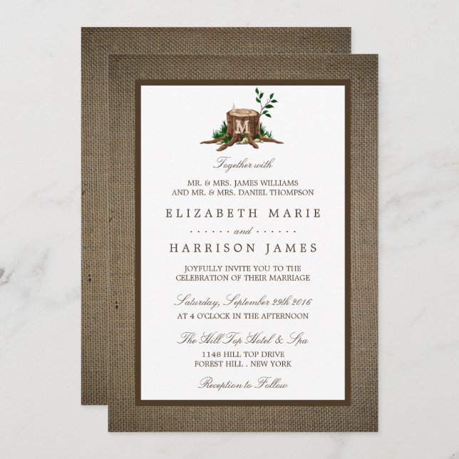 Country Rustic Monogram Tree & Burlap Wedding Invitation (Front/Back)
