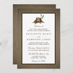 Country Rustic Monogram Tree & Burlap Wedding Invitation