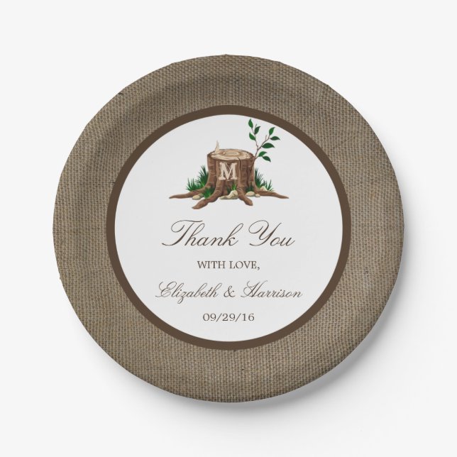 Country Rustic Monogram Tree & Burlap Wedding Paper Plate (Front)