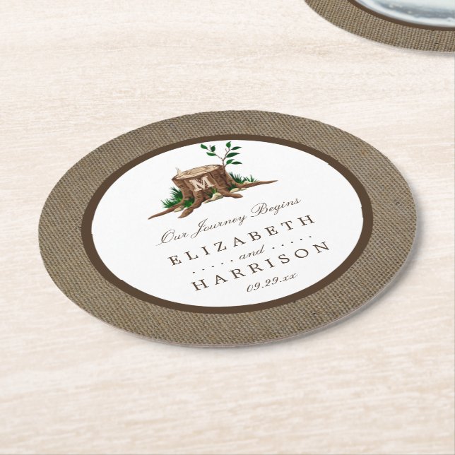 Country Rustic Monogram Tree & Burlap Wedding Round Paper Coaster (Angled)