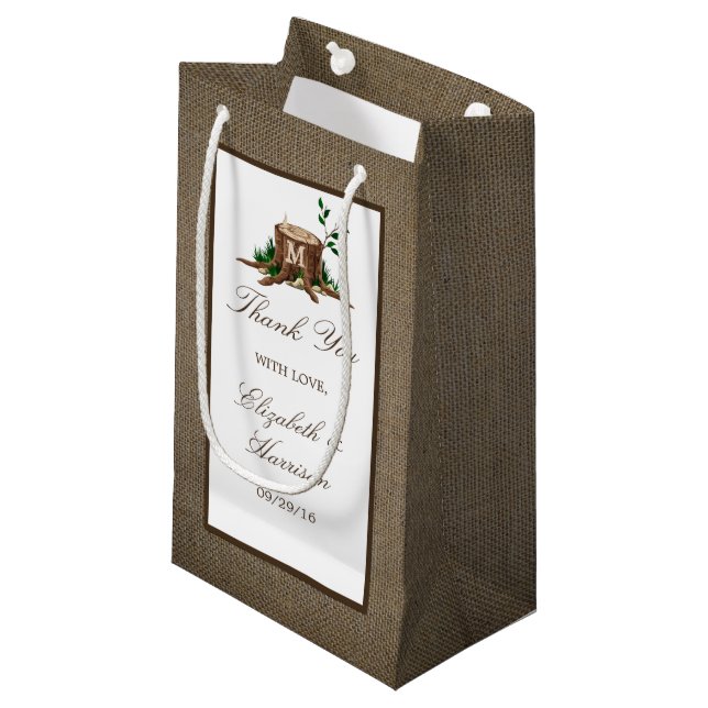 Country Rustic Monogram Tree & Burlap Wedding Small Gift Bag (Front Angled)
