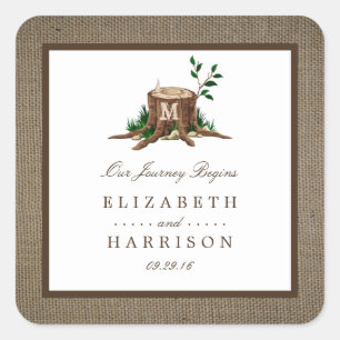 Country Rustic Monogram Tree & Burlap Wedding Square Sticker