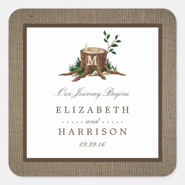 Country Rustic Monogram Tree & Burlap Wedding Square Sticker (Front)