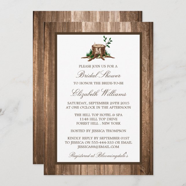 Country Rustic Monogram Tree On Wood Bridal Shower Invitation (Front/Back)