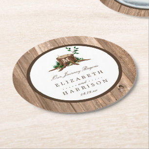 Country Rustic Monogram Tree & Wood Wedding Round Paper Coaster