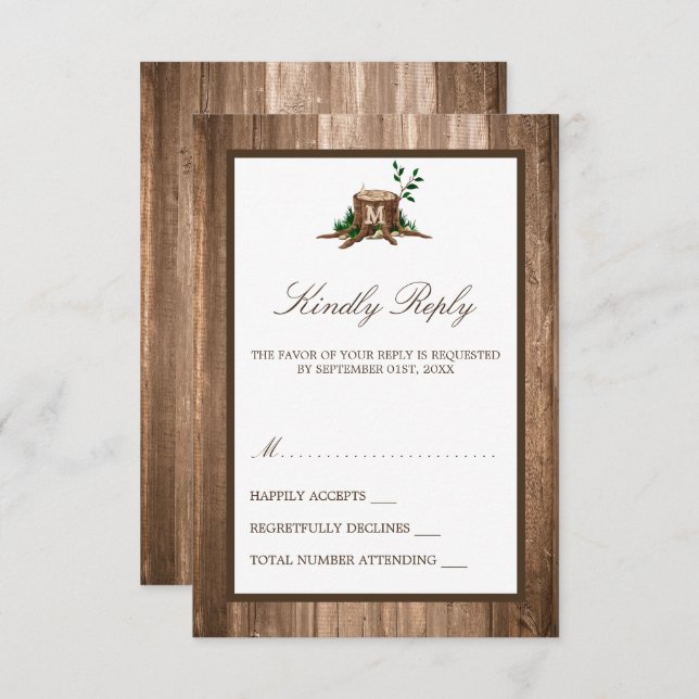 Country Rustic Monogram Tree & Wood Wedding RSVP Card (Front/Back)