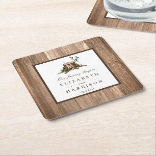 Country Rustic Monogram Tree & Wood Wedding Square Paper Coaster