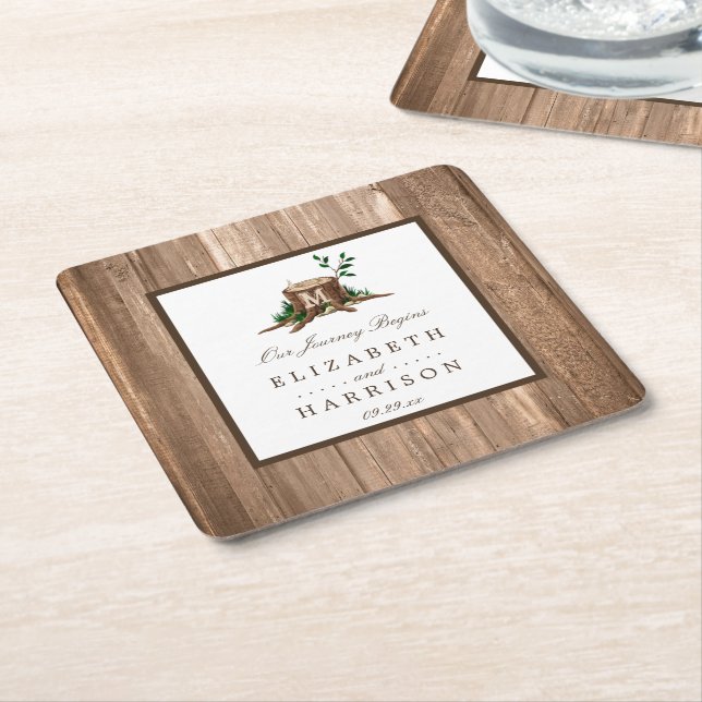 Country Rustic Monogram Tree & Wood Wedding Square Paper Coaster (Angled)