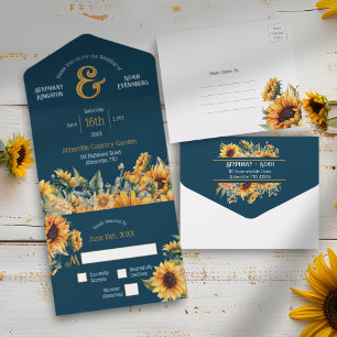 Country Rustic Navy Blue Gold Sunflower Wedding All In One Invitation