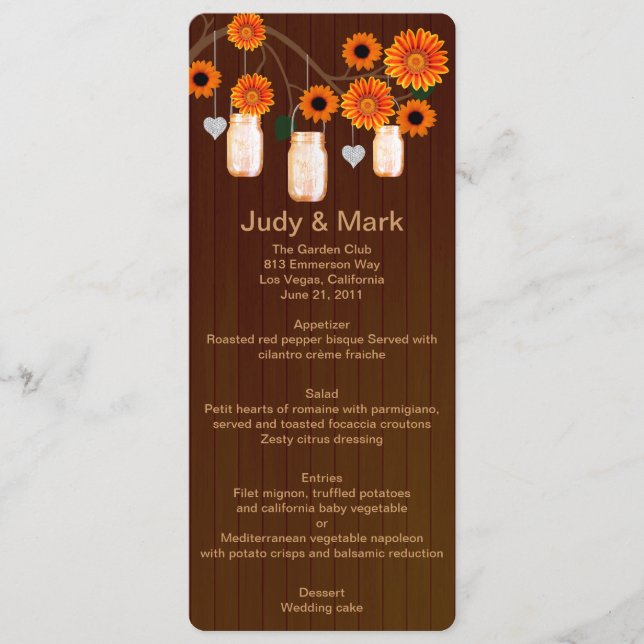 Country Rustic Orange Mason Jars Wedding Menu Card (Front)