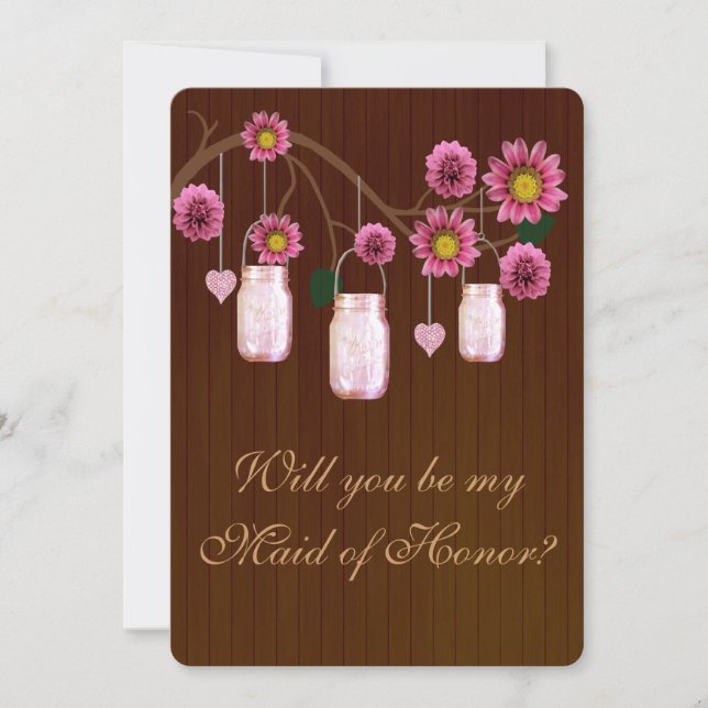 Country Rustic Pink Mason Jars Maid Of Honour Card (Front)