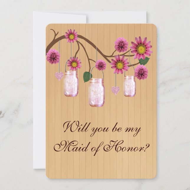 Country Rustic Pink Mason Jars Maid Of Honour Card (Front)