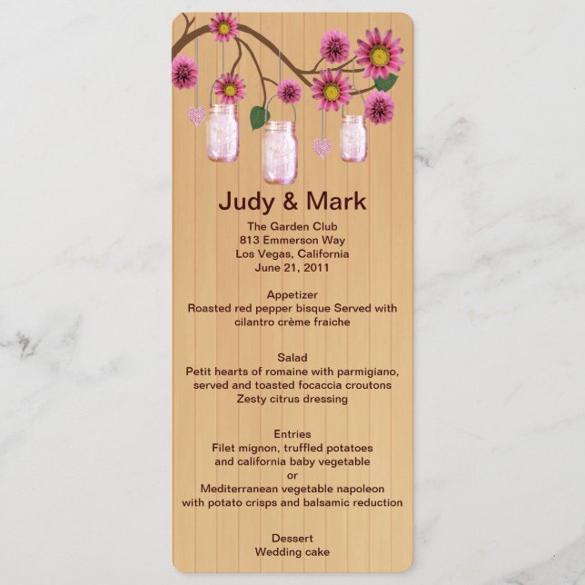 Country Rustic Pink Mason Jars Wedding Menu Card (Front)