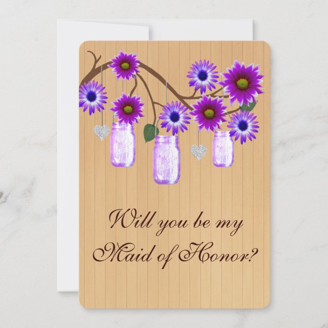 Country Rustic Purple Mason Jar Maid Of Honour Car Invitation (Front)