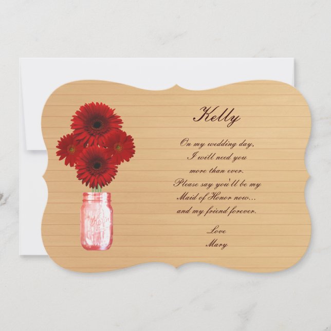 Country Rustic Red Mason Jar Maid Of Honour Card (Front)