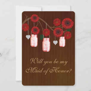 Country Rustic Red Mason Jars Maid Of Honour Card