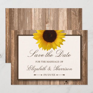 Country Rustic Sunflower, Brown Wood Save The Date
