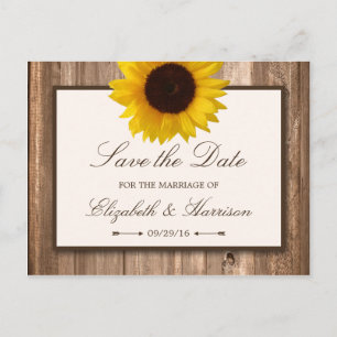 Country Rustic Sunflower, Brown Wood Save The Date Announcement Postcard