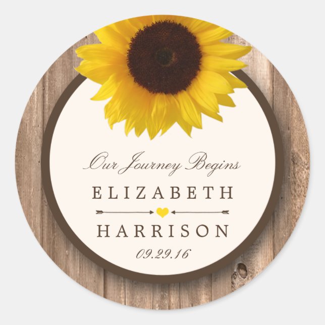Country Rustic Sunflower & Brown Wood Wedding Classic Round Sticker (Front)