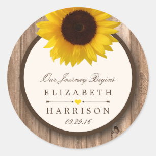 Country Rustic Sunflower & Brown Wood Wedding Classic Round Sticker