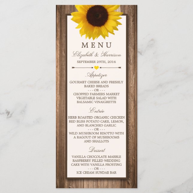 Country Rustic Sunflower & Brown Wood Wedding Menu (Front)
