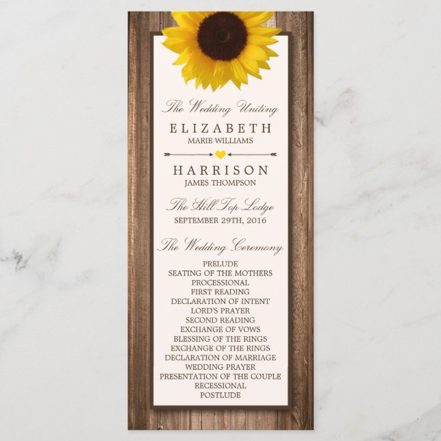 Country Rustic Sunflower & Brown Wood Wedding Program (Front)
