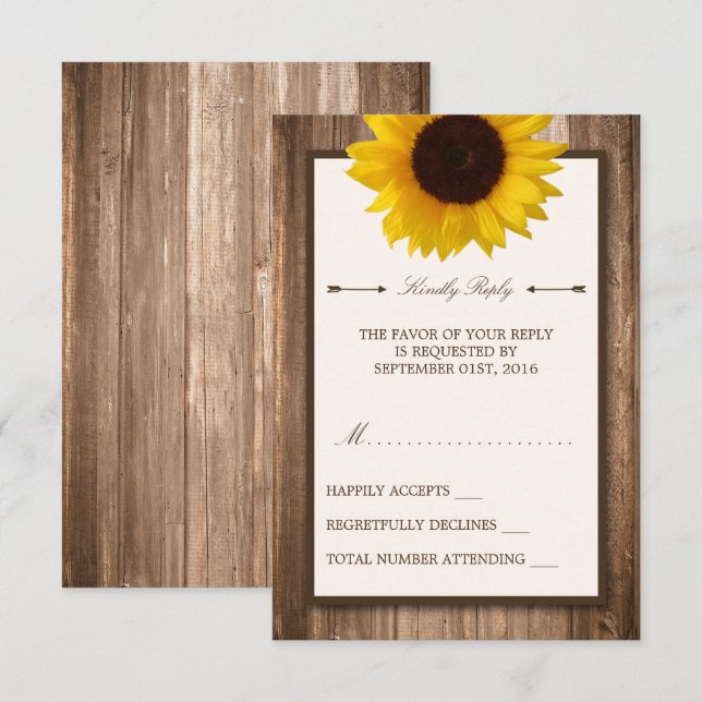 Country Rustic Sunflower & Brown Wood Wedding RSVP Card (Front/Back)