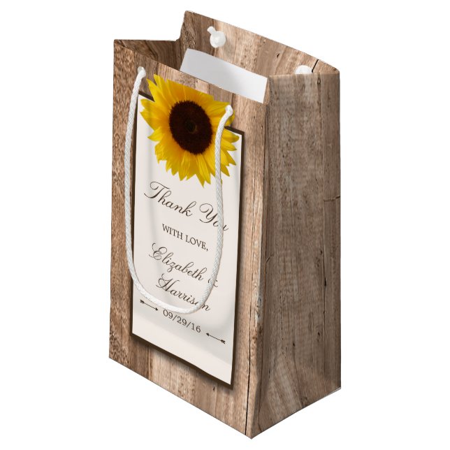 Country Rustic Sunflower & Brown Wood Wedding Small Gift Bag (Front Angled)