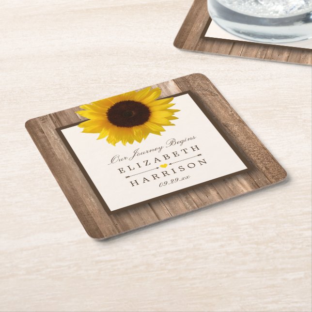 Country Rustic Sunflower & Brown Wood Wedding Square Paper Coaster (Angled)