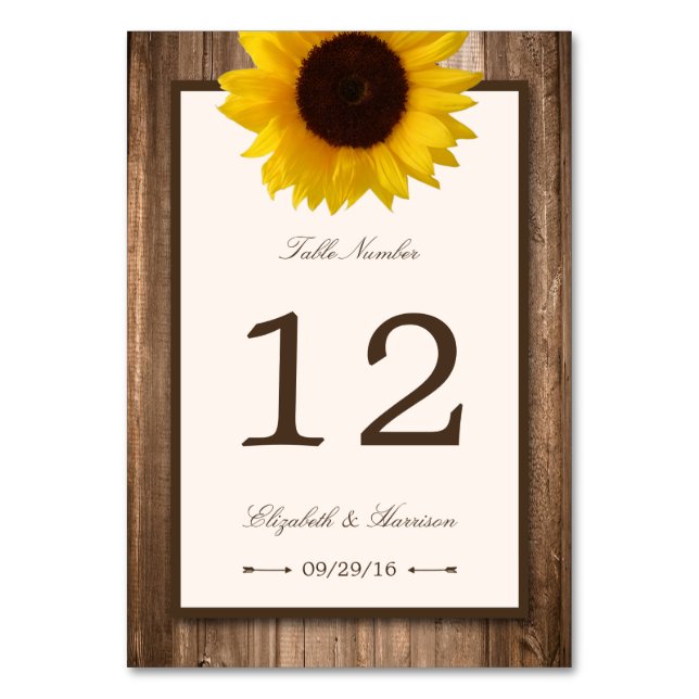 Country Rustic Sunflower & Brown Wood Wedding Table Number (Front)