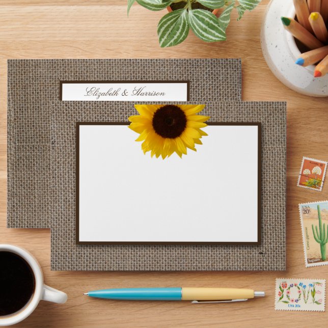 Country Rustic Sunflower & Burlap Wedding Envelope (Desk)