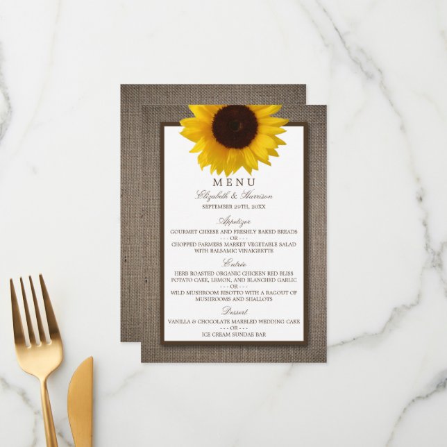 Country Rustic Sunflower & Burlap Wedding Menu (Front/Back In Situ)