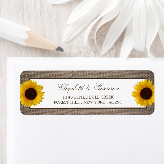 Country Rustic Sunflower & Burlap Wedding Return Address Label (Insitu)