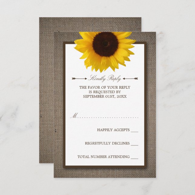 Country Rustic Sunflower & Burlap Wedding RSVP Card (Front/Back)