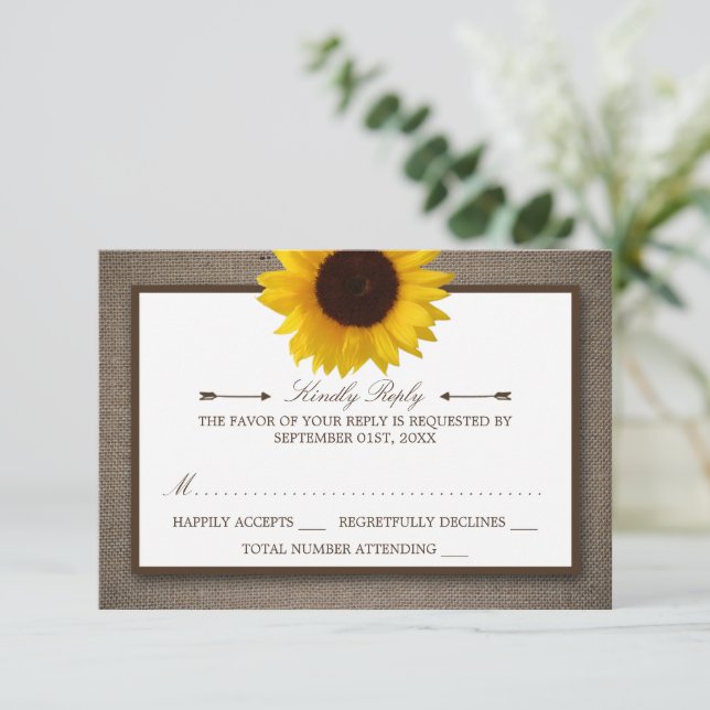 Country Rustic Sunflower & Burlap Wedding RSVP Card (Standing Front)