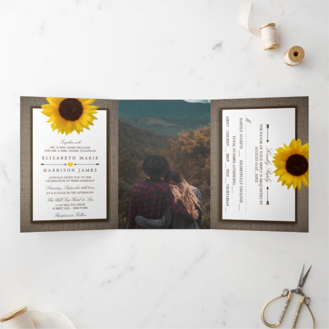 Country Rustic Sunflower & Burlap Wedding Suite Tri-Fold Invitation (Inside)