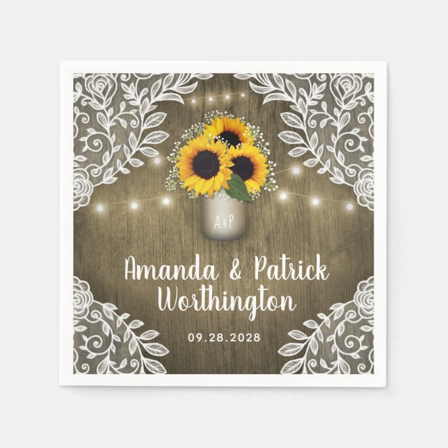 Country Rustic Sunflower Mason Jar Wedding Napkins (Front)