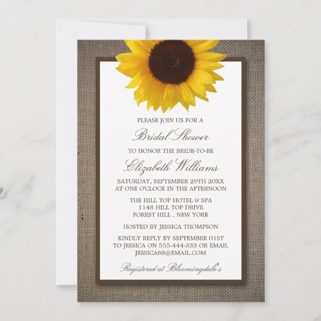 Country Rustic Sunflower On Burlap Bridal Shower Invitation (Front)