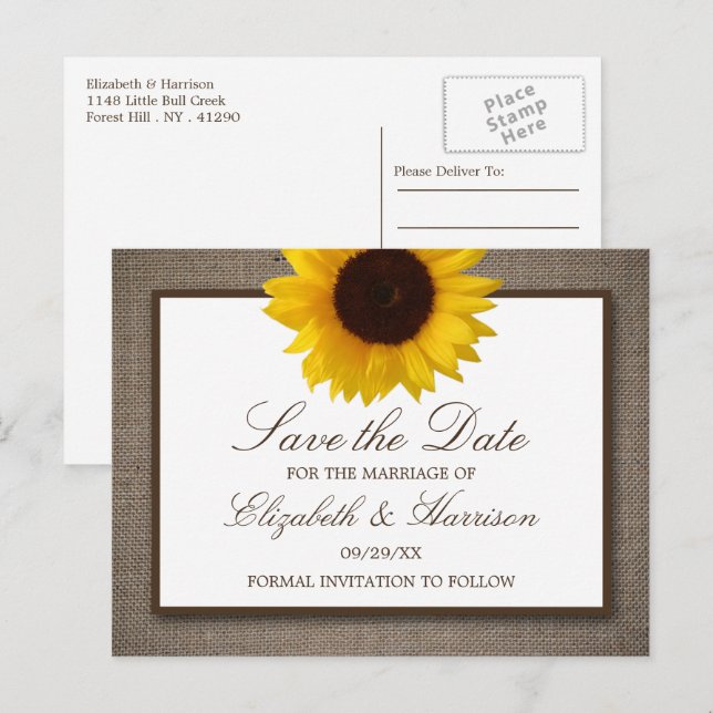 Country Rustic Sunflower On Burlap Save The Date Postcard (Front/Back)